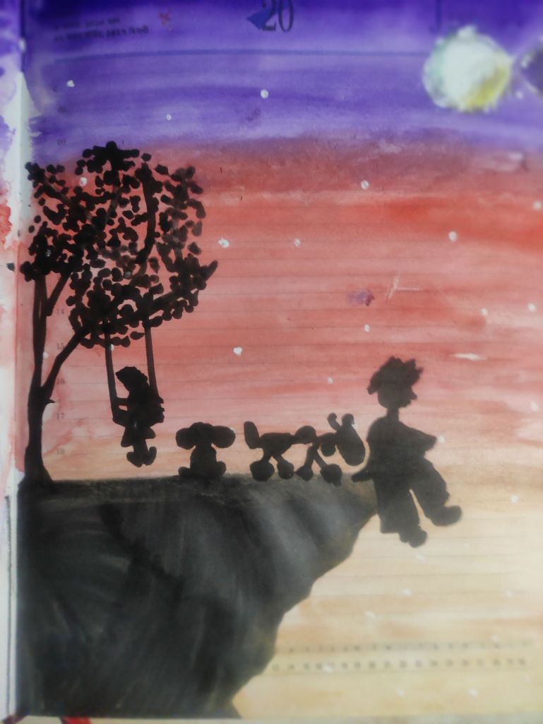 A silhouetted scene of a child on a swing under a tree, accompanied by two dogs, set against a colorful sunset sky with stars.